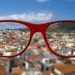 Sharp sight concept. Blurred and keen eyesight with glasses.